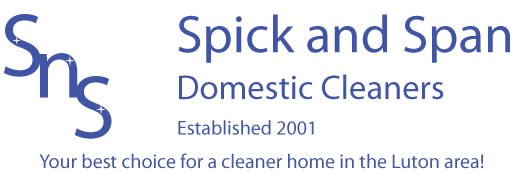 Banner showing the Spick and Span logo, an s joined to an n two thirds down itself then joined to an s two thirds down itself with stars, domestic cleaners and stating established in 2001, your best choice for a cleaner home in the Luton area